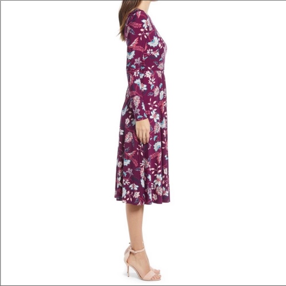 Eliza J Purple Floral Matte Jersey Long Sleeve Midi Dress - Picture 2 of 11